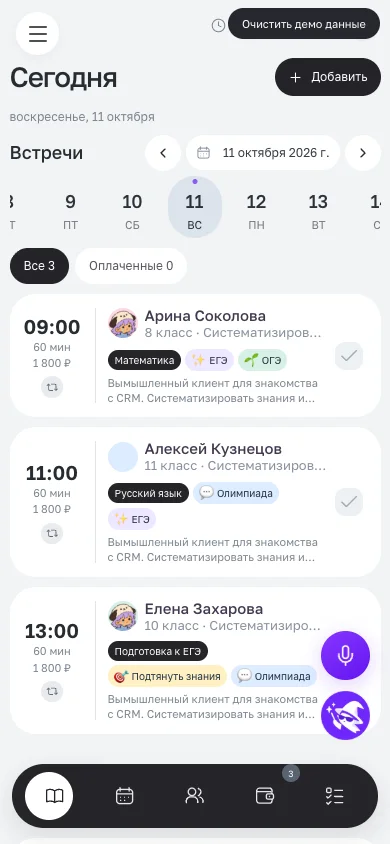 Рабочий день и нижнее меню Пилинька на телефоне