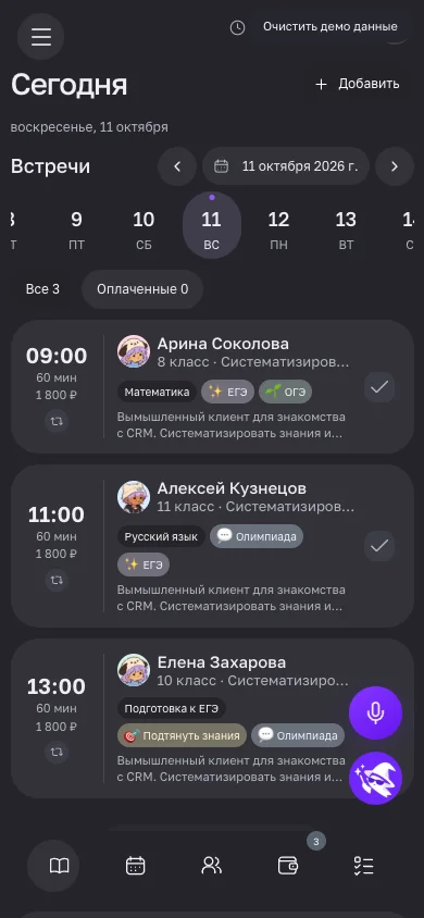 Рабочий день и нижнее меню Пилинька на телефоне